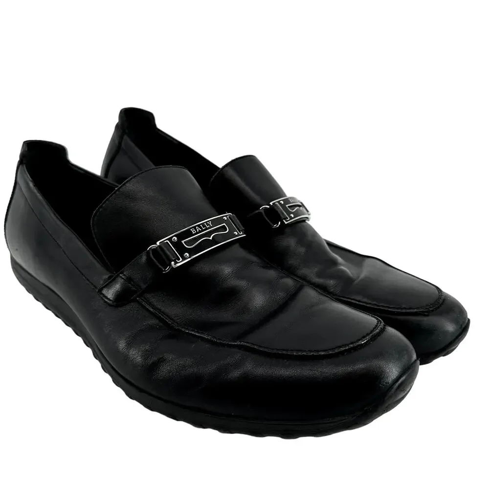 Bally Roquat Logo Plaque Loafers Slip On Almond Toe Classic Leather Black US 12